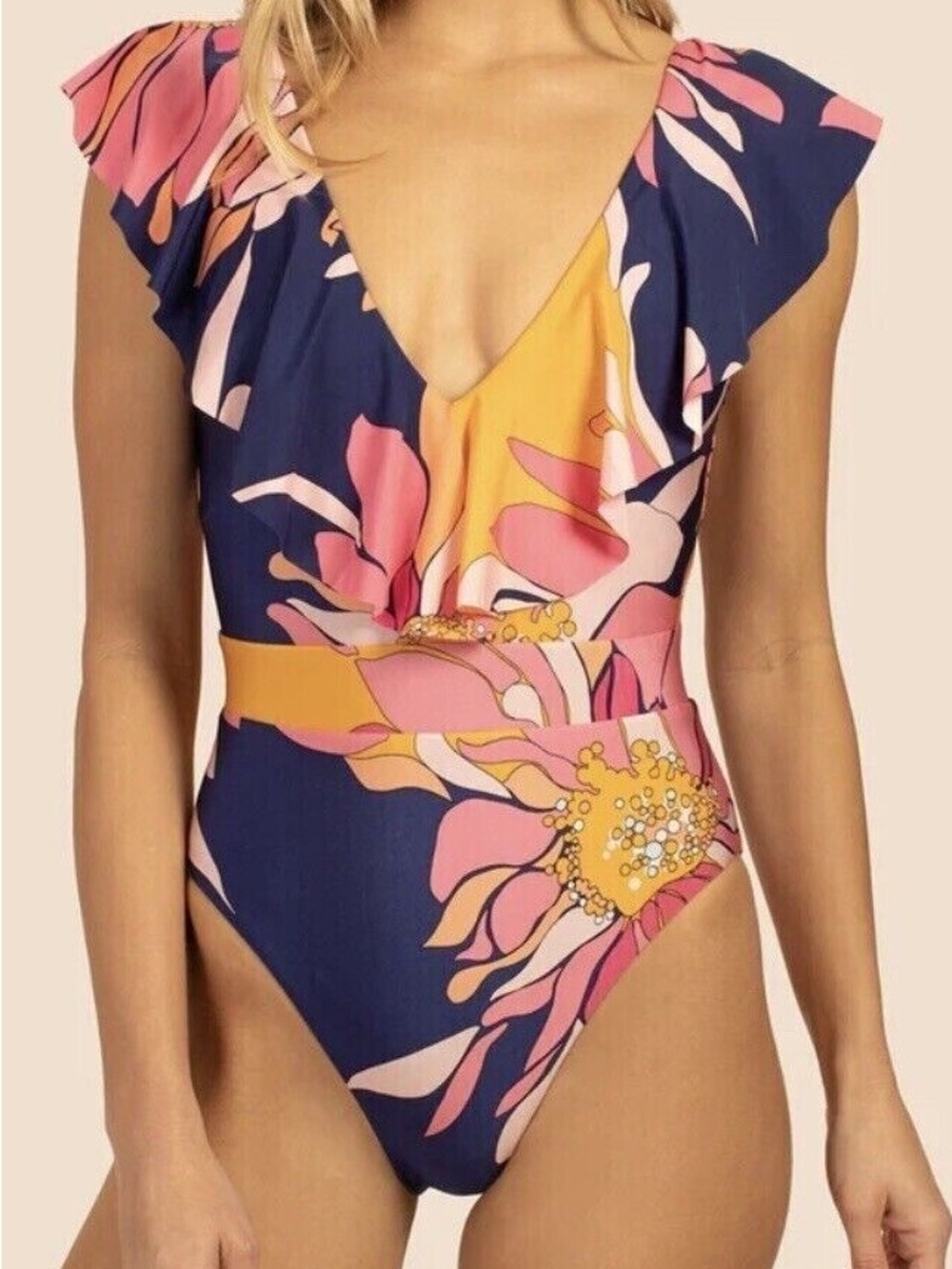 TRINA TURK SWIM BREEZE RUFFLE PLUNGE ONE PIECE / MULTICOLOR